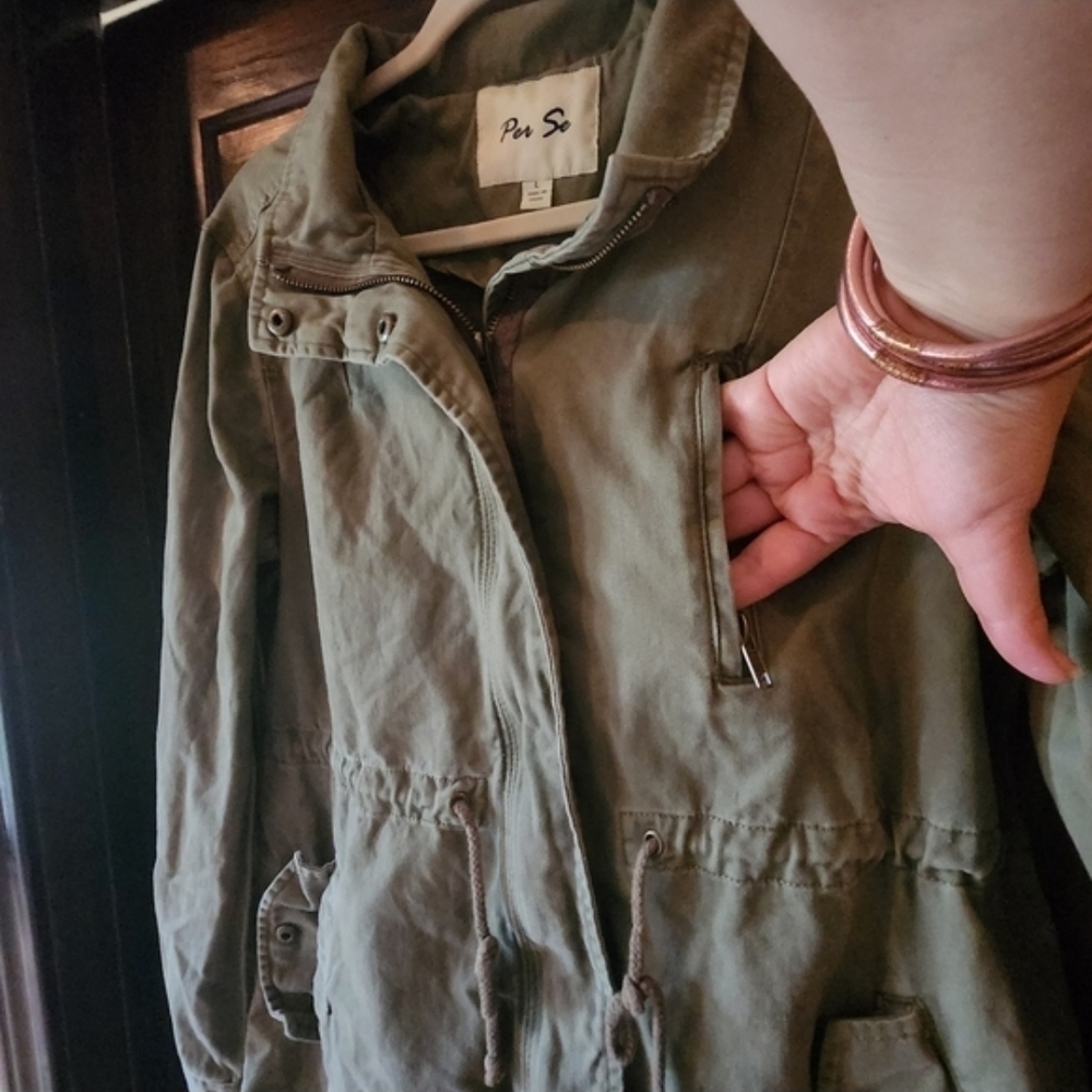 Per Se Canvas Olive Green Utility Jacket Rugged Size Large POCKETS Drawstring - Picture 11 of 16